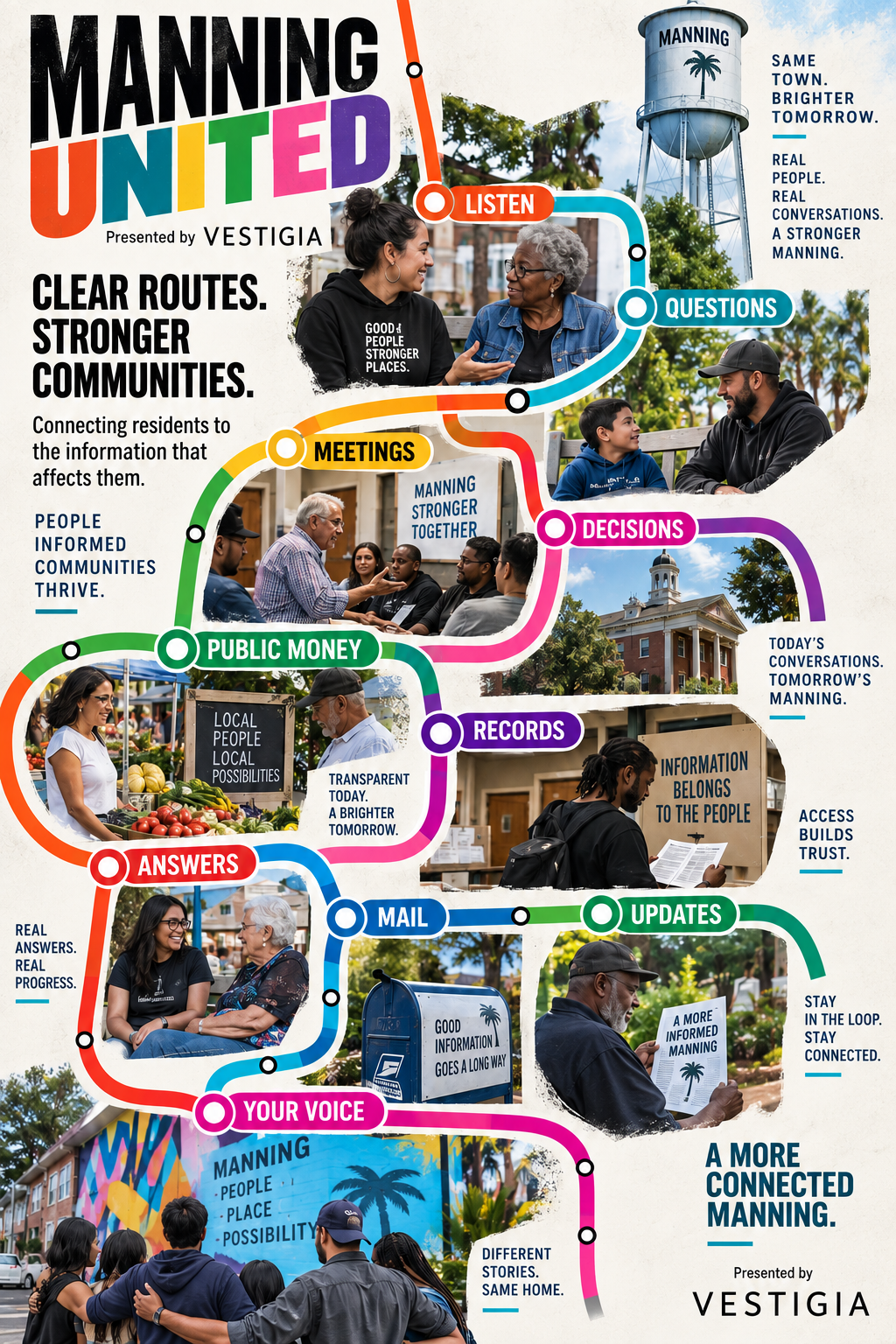 Manning United: a colorful route connecting Listen, Questions, Meetings, Decisions, Public Money, Records, Answers, Mail, Updates, and Your Voice, alongside community imagery.